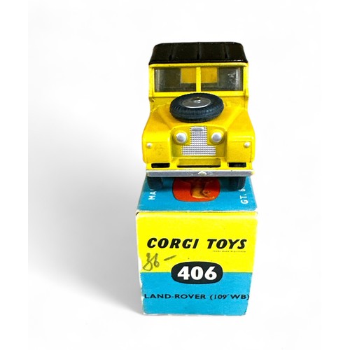 161 - Corgi Land Rover No. 406, yellow, black roof, flat hubs, spare wheel on bonnet, metal tow hook and f... 