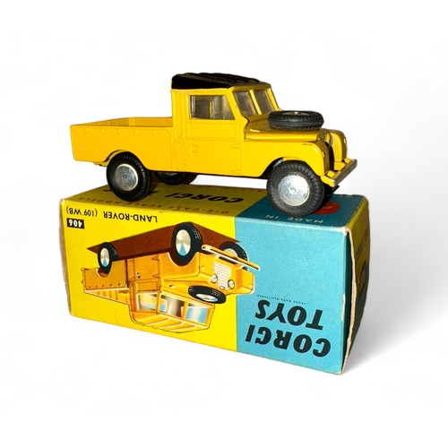 161 - Corgi Land Rover No. 406, yellow, black roof, flat hubs, spare wheel on bonnet, metal tow hook and f... 