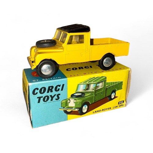 161 - Corgi Land Rover No. 406, yellow, black roof, flat hubs, spare wheel on bonnet, metal tow hook and f... 