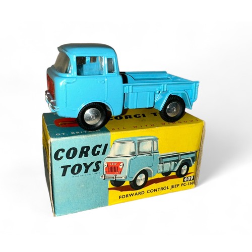 166 - Corgi Jeep FC-150 No. 409, pale blue, metal tow hook, flat hubs and spare wheel, generally excellent... 