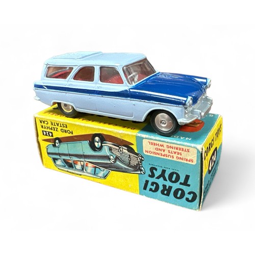 176 - Corgi Ford Zephyr Estate Car No. 424, two-tone blue, red interior, flat hubs, silver trim, generally... 