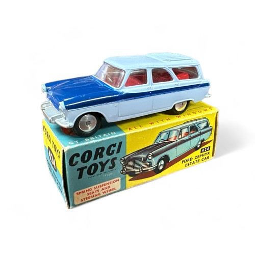 176 - Corgi Ford Zephyr Estate Car No. 424, two-tone blue, red interior, flat hubs, silver trim, generally... 