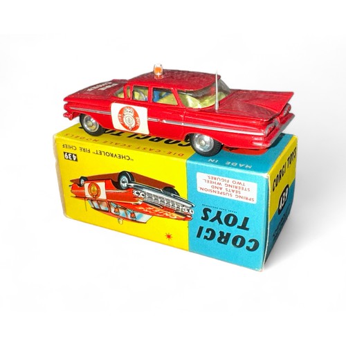 185 - Corgi No. 439 Chevrolet Impala Fire Chief, red, orange roof beacon, grey plastic aerial, Fire Dept d... 