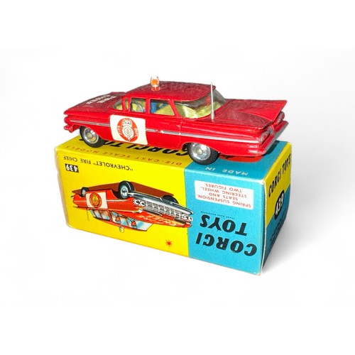 185 - Corgi No. 439 Chevrolet Impala Fire Chief, red, orange roof beacon, grey plastic aerial, Fire Dept d... 