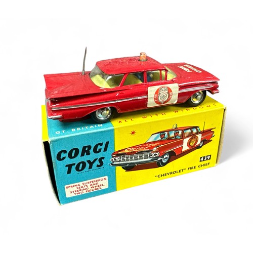 185 - Corgi No. 439 Chevrolet Impala Fire Chief, red, orange roof beacon, grey plastic aerial, Fire Dept d... 