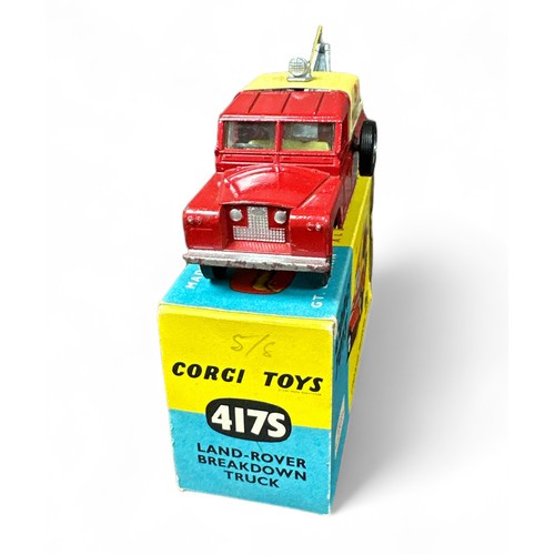 169 - Corgi Land Rover Breakdown Truck No. 417S, red, yellow metal tilt (some decal deterioration), spun h... 