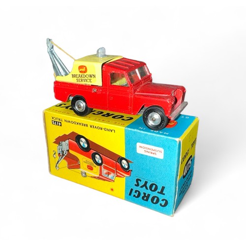 169 - Corgi Land Rover Breakdown Truck No. 417S, red, yellow metal tilt (some decal deterioration), spun h... 