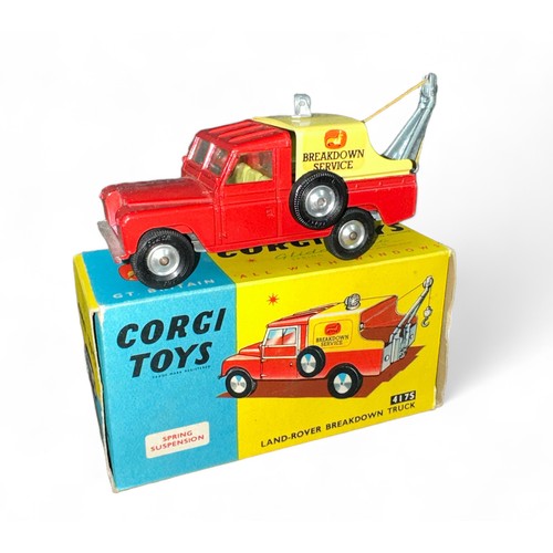 169 - Corgi Land Rover Breakdown Truck No. 417S, red, yellow metal tilt (some decal deterioration), spun h... 