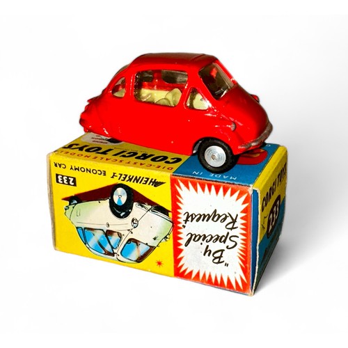 89 - Corgi Heinkel Economy car No. 233, red with lemon interior and flat spun hubs, generally excellent i... 