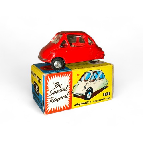 89 - Corgi Heinkel Economy car No. 233, red with lemon interior and flat spun hubs, generally excellent i... 