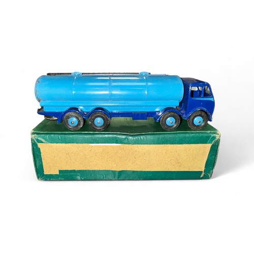 255 - Dinky Foden 14-Ton Tanker No. 504, dark blue cab and chassis, mid blue tanker body, treaded tyres, t... 