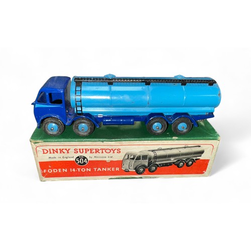 255 - Dinky Foden 14-Ton Tanker No. 504, dark blue cab and chassis, mid blue tanker body, treaded tyres, t... 