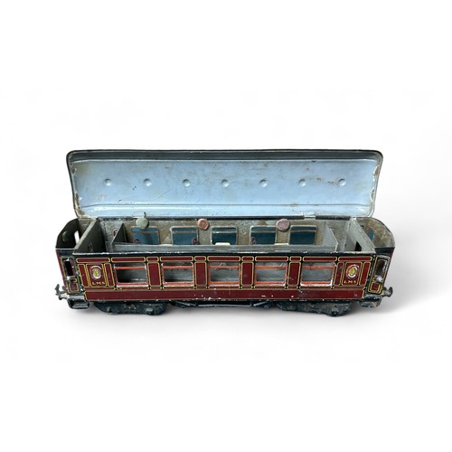 541 - Marklin O gauge pair of LMS bogie coaches, generally good to good fair, with one with seats and tabl... 