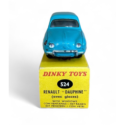 258 - French Dinky Renault Dauphine No. 524, turquoise, silver trim, chrome concave hubs, generally good p... 