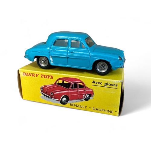 258 - French Dinky Renault Dauphine No. 524, turquoise, silver trim, chrome concave hubs, generally good p... 