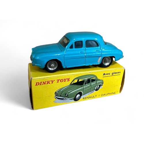 258 - French Dinky Renault Dauphine No. 524, turquoise, silver trim, chrome concave hubs, generally good p... 