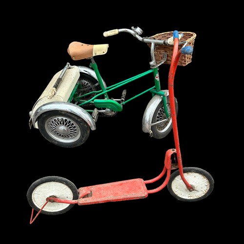 423 - Triang green tricycle with white boot, front basket and Mickey Mouse bell, plus red Triang Scooter, ... 