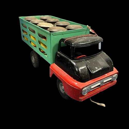 425 - Triang pressed steel/diecast push-a-long Thames Trader Milk Delivery Truck with black/red cab, green... 