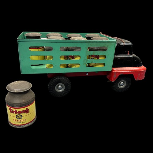 425 - Triang pressed steel/diecast push-a-long Thames Trader Milk Delivery Truck with black/red cab, green... 