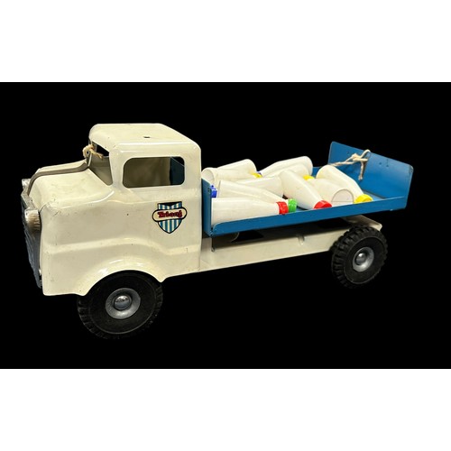 426 - Triang pressed steel Milk Truck pair with plastic coloured top bottles, 1) white cab, blue back 2) w... 