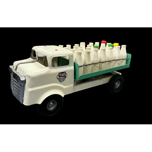 426 - Triang pressed steel Milk Truck pair with plastic coloured top bottles, 1) white cab, blue back 2) w... 