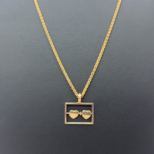 15 - 9ct gold pendant in the form of two hearts in a rectangle suspended from an 18ct gold chain. Total w... 