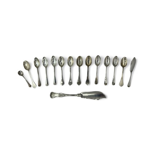 77 - Small range of silver cutlery, to include; Kings Pattern butter knife marked for JS, six silver teas... 