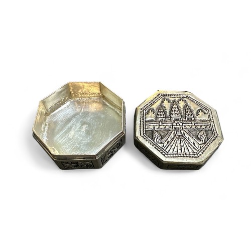 80 - Cambodian white metal (untested) octagonal pill box with temple design to cover. Marked to base. Wei... 