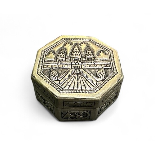 80 - Cambodian white metal (untested) octagonal pill box with temple design to cover. Marked to base. Wei... 