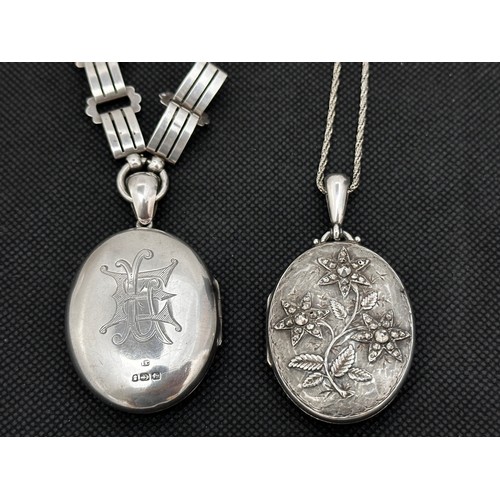 17 - Two Victorian silver lockets. Lockets each approx 4.5cm exc bail. Lockets hallmarked, chains unmarke... 