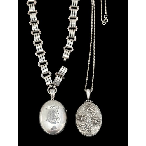 17 - Two Victorian silver lockets. Lockets each approx 4.5cm exc bail. Lockets hallmarked, chains unmarke... 