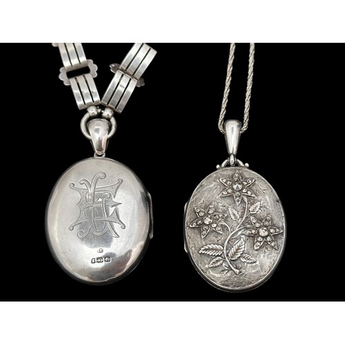 17 - Two Victorian silver lockets. Lockets each approx 4.5cm exc bail. Lockets hallmarked, chains unmarke... 