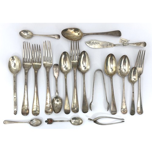 90 - A quantity of hallmarked silver spoons, forks, tongs etc many George III / Victorian. Weight 627g.