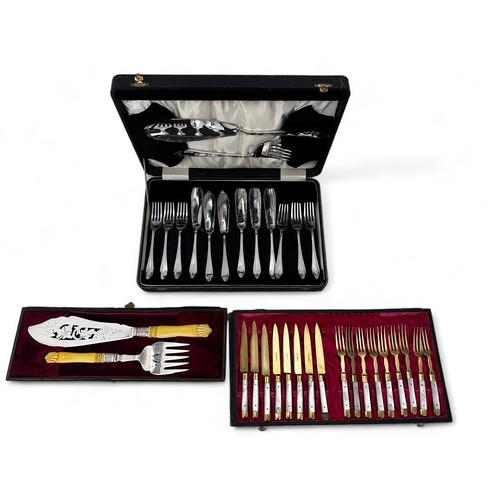 123 - A silver plated set of fish knives, forks and servers, a silver plated fish serving set and a set of... 