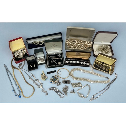 38 - An assortment of silver, costume and vintage  jewellery, imitation pearls, 9ct gold core bangle etc