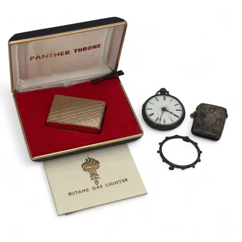 85 - A silver pocket watch (missing crystal), silver vesta case (dented) and a Panther Throne lighter