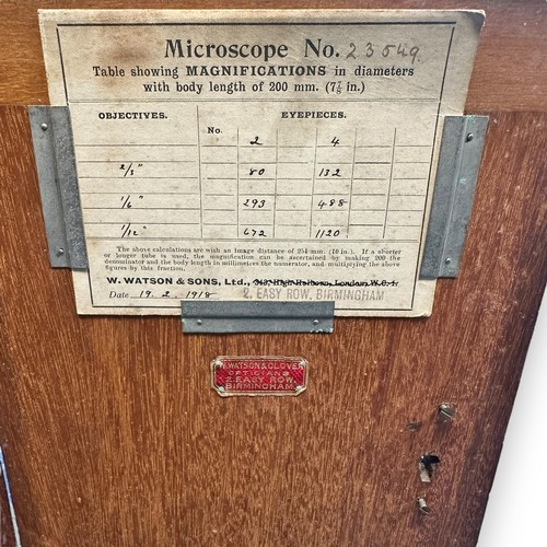 164 - W Watson & Glover Microscope Model Number 23549. Comes in a fitted wooden case with a range of lense... 