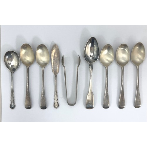 109 - A range of silver spoons, a silver knife and a pair of silver sugar tongs. Qty 9. Weight 167g