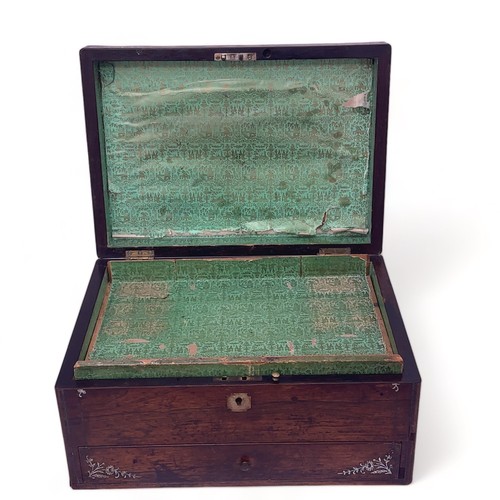 126 - A mother of pearl inlaid wooden box with drawer containing a range of silver plate, white metal and ... 