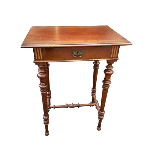 485 - 19th /20th Century mahogany one drawer side table, four turned legs with stretcher, brass fittings. ... 