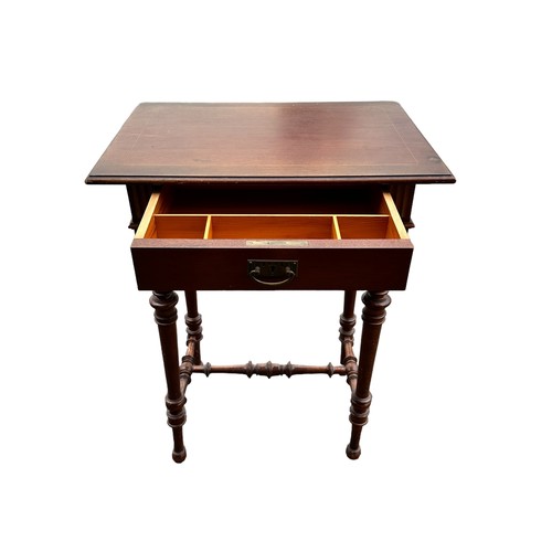 485 - 19th /20th Century mahogany one drawer side table, four turned legs with stretcher, brass fittings. ... 