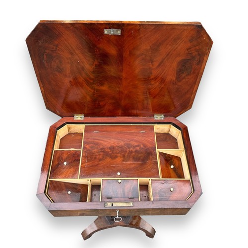 482 - Victorian mahogany sewing table, six internal compartments, central on three feet. Height 74cm, widt... 