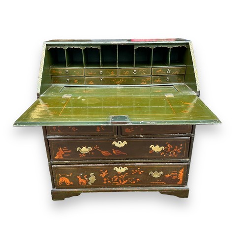 478 - 18th Century Chinoiserie Bureau Japanned with green lacquer. Four drawers, lifting top, brass fittin... 