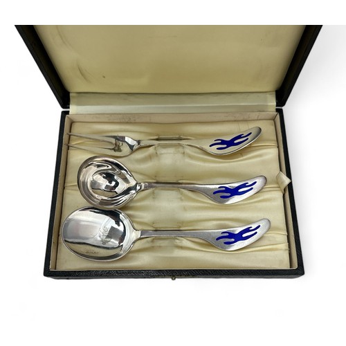 112 - Cased set of Danish Sterling and inlaid blue enamel dessert cutlery, purportedly designed by Sigvard... 