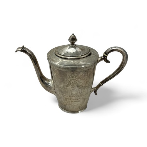 113 - Danish silver coffee pot by P. Hertz hallmarked with three tower mark above 1908 year mark. Inscribe... 