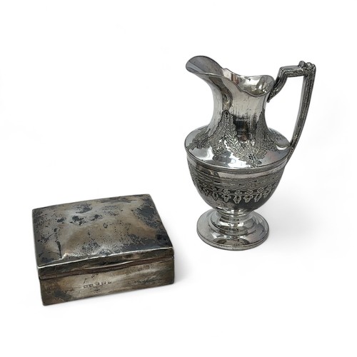 99 - A hallmarked silver box with wood interior and a white metal pitcher jug. Box weight 187g.