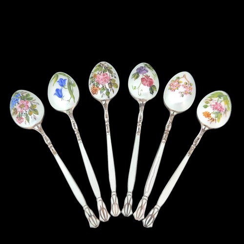 93 - A set of silver and enamel coffee spoons by Henry Clifford Davis, 1957. The obverse of each spoon is... 