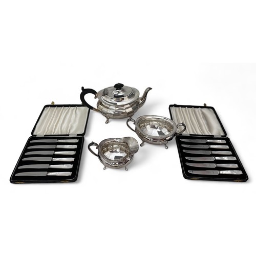 119 - A good quality three piece silver plated tea service together with two cased sets of stainless steel... 