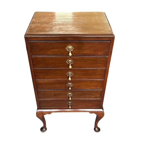 470 - Edwardian mahogany music cabinet with 6 drop-front drawers. H83cm, w46cm, d33cm.