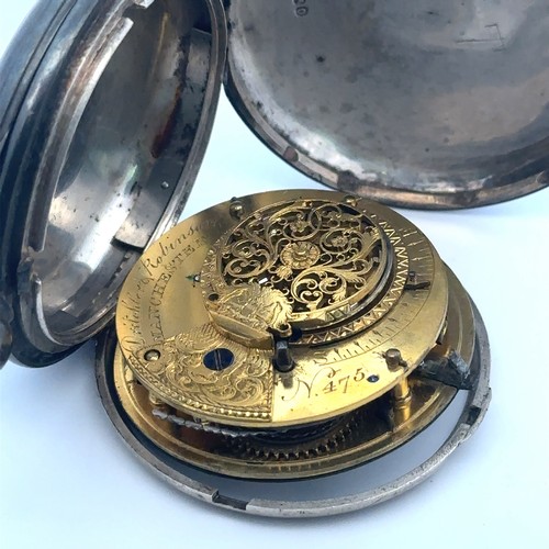 64 - A George III verge fusee full hunter silver pocket watch with unmarked white enamel dial. Case maker... 